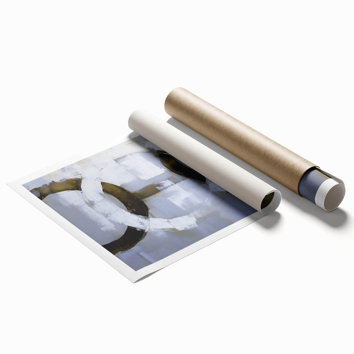 Abstract geometric art print showcasing vibrant colors and intricate patterns, rolled up in a protective cardboard tube, perfect for modern home decor.
