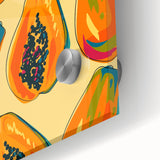 Large abstract wall art featuring an array of fruits in vibrant colors on acrylic glass, ideal for dining room decor.