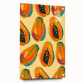 Acrylic glass print of large abstract fruits in vibrant colors, ideal for dining room decor.