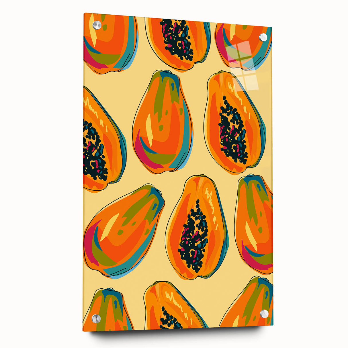 Acrylic glass print of large abstract fruits in vibrant colors, ideal for dining room decor.
