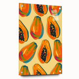 Acrylic glass print of large abstract fruits in vibrant colors, ideal for dining room decor.