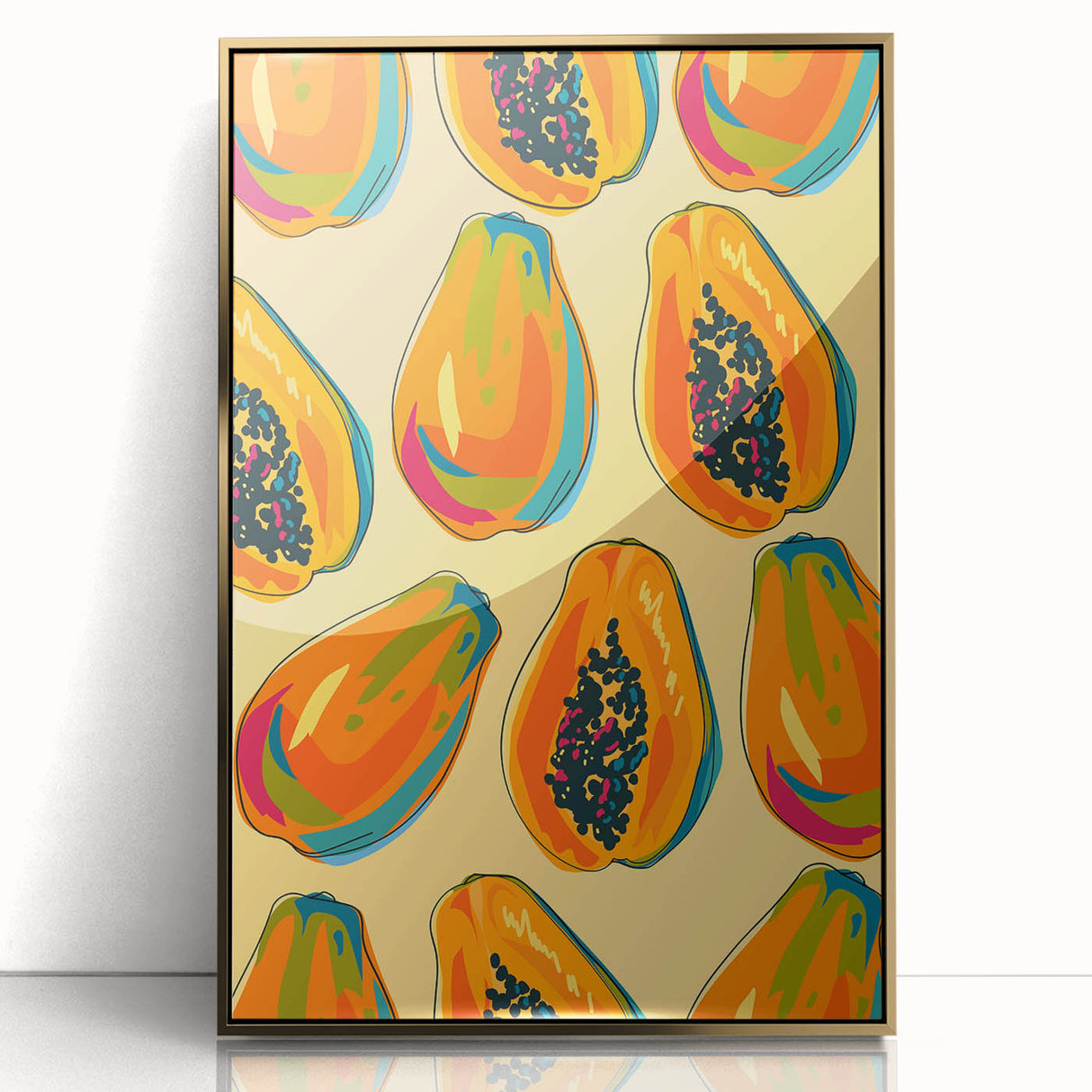 Large art print featuring assorted fruits in a mid-century modernist style, with vibrant colors on a framed acrylic.