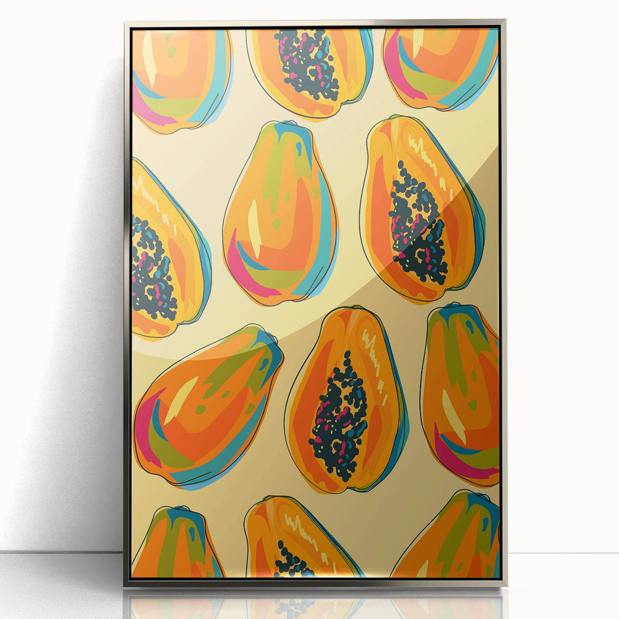Mid-century modernist art depicting assorted fruits in vibrant colors, framed in silver acrylic, ideal for nursery wall art.