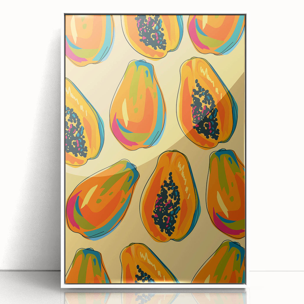 Art deco poster featuring an assortment of colorful fruits on a white acrylic framed print.