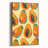 Framed canvas depicting a vintage-style fruit illustration in warm gold and black tones, suitable for bedroom wall art.