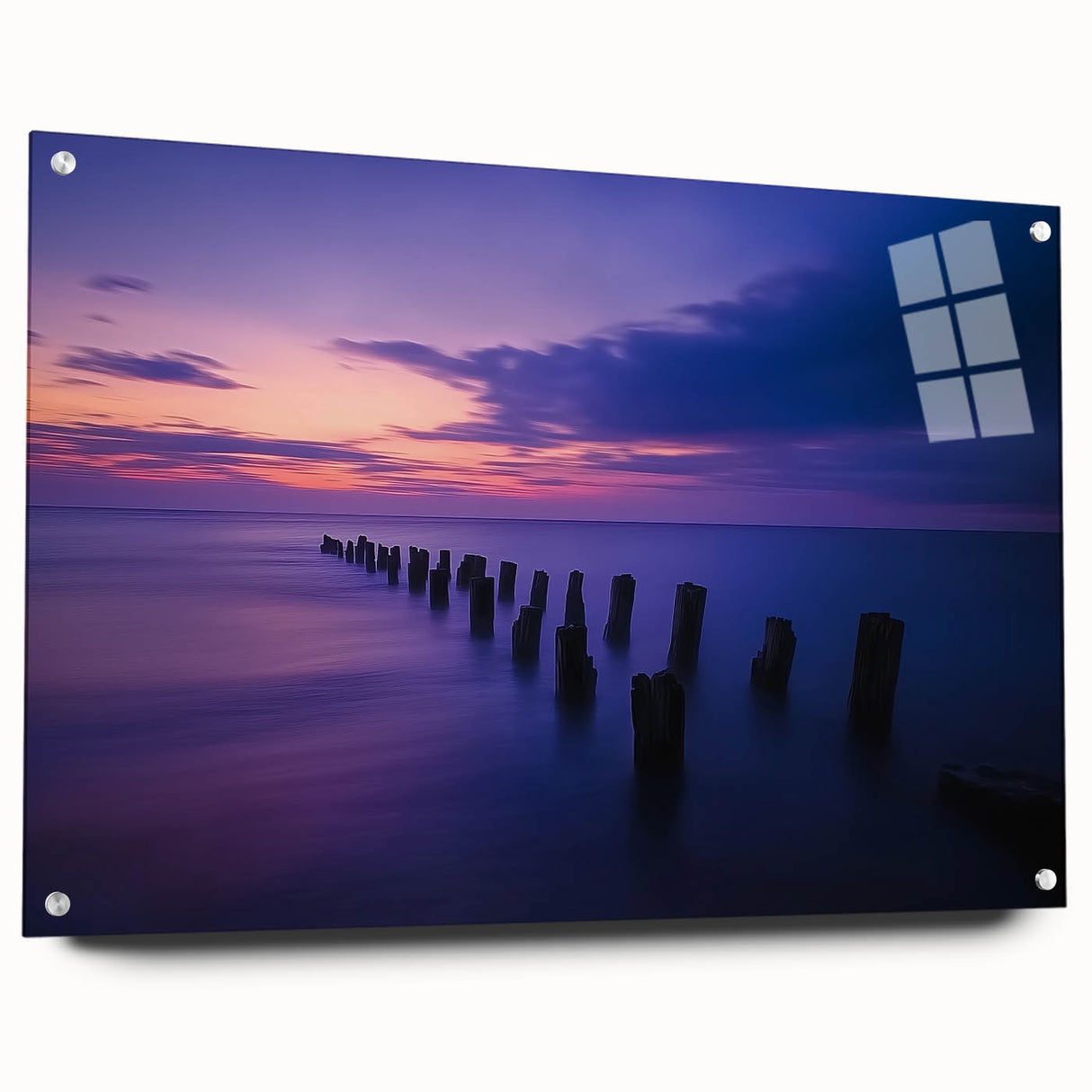 Acrylic landscape artwork depicting serene beaches, showcasing vibrant colors and intricate details, displayed in a side view with stylish pins for secure mounting.