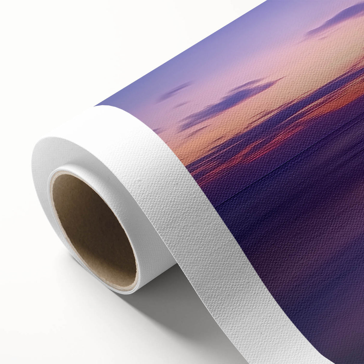 Rolled canvas print showcasing a vibrant beach landscape with blue skies and golden sands, elegantly packaged in a protective cardboard tube, perfect for home decor.