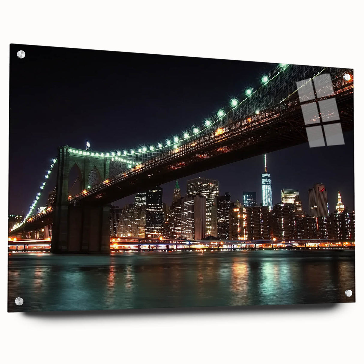 Landscape acrylic glass artwork depicting a modern bridge design, showcased from a side view with visible mounting pins. Ideal for contemporary home decor.