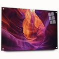 Stunning acrylic glass artwork depicting a vibrant canyon landscape, showcasing rich colors and intricate details, displayed with stylish pins for a modern aesthetic.