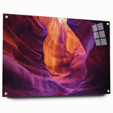 Stunning acrylic glass artwork depicting a vibrant canyon landscape, showcasing rich colors and intricate details, displayed with stylish pins for a modern aesthetic.