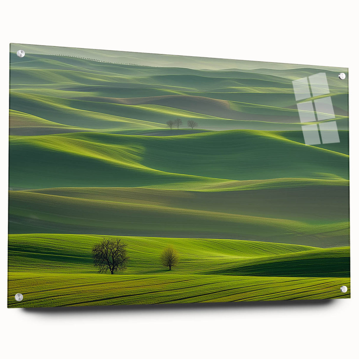 Acrylic glass artwork depicting a serene countryside landscape, showcasing vibrant colors and intricate details, framed with decorative pins for display.