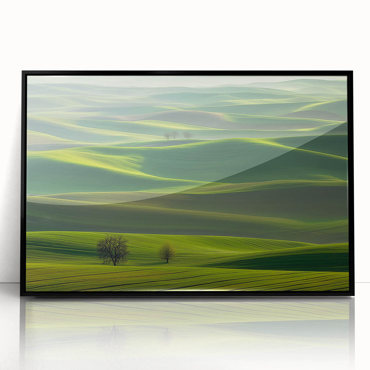Framed acrylic artwork showcasing a serene countryside landscape with vibrant green fields and blue skies, displayed in a sleek black frame, adding elegance to home decor.