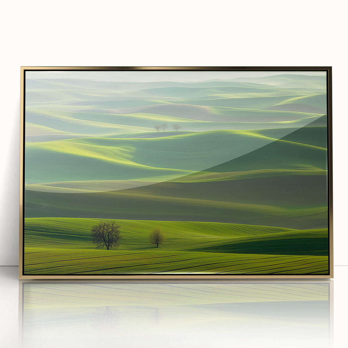 Framed acrylic artwork showcasing a vibrant countryside landscape with golden accents, perfect for home decor, emphasizing tranquility and natural beauty.