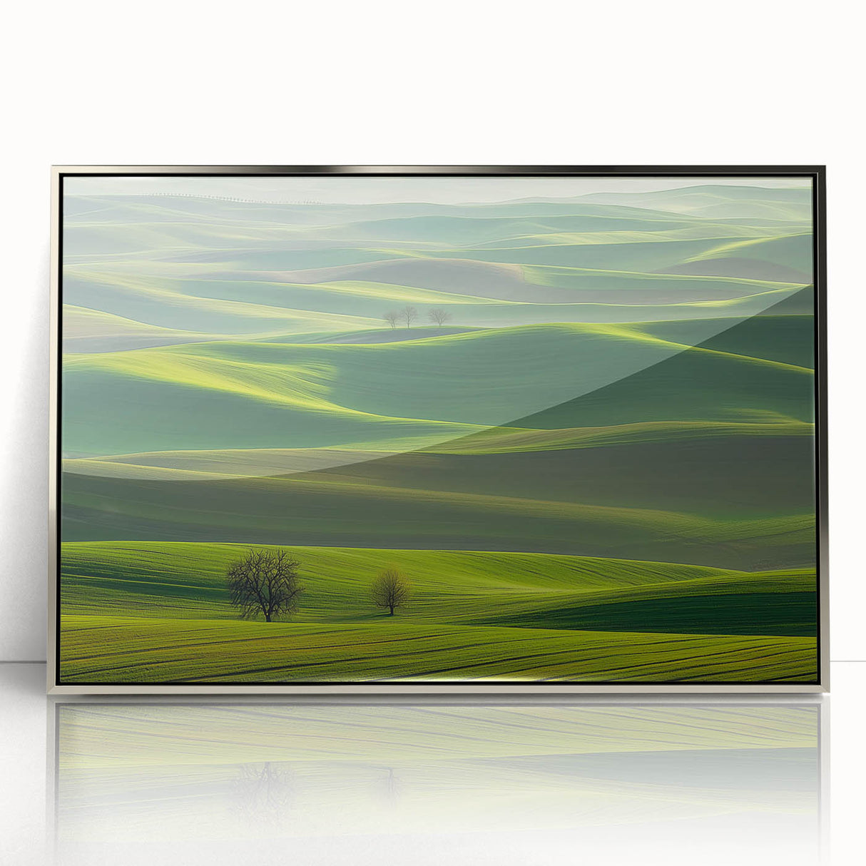 Framed acrylic artwork showcasing a serene countryside landscape with vibrant greens and blues, elegantly displayed with a silver frame, perfect for home decor.
