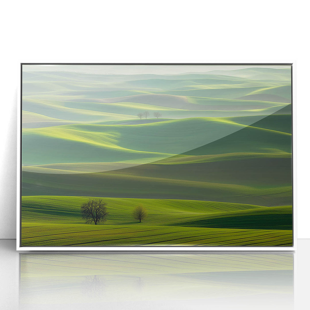 Framed acrylic artwork depicting a serene countryside landscape with vibrant green fields and a clear blue sky, elegantly showcased in a white frame for a modern home decor aesthetic.