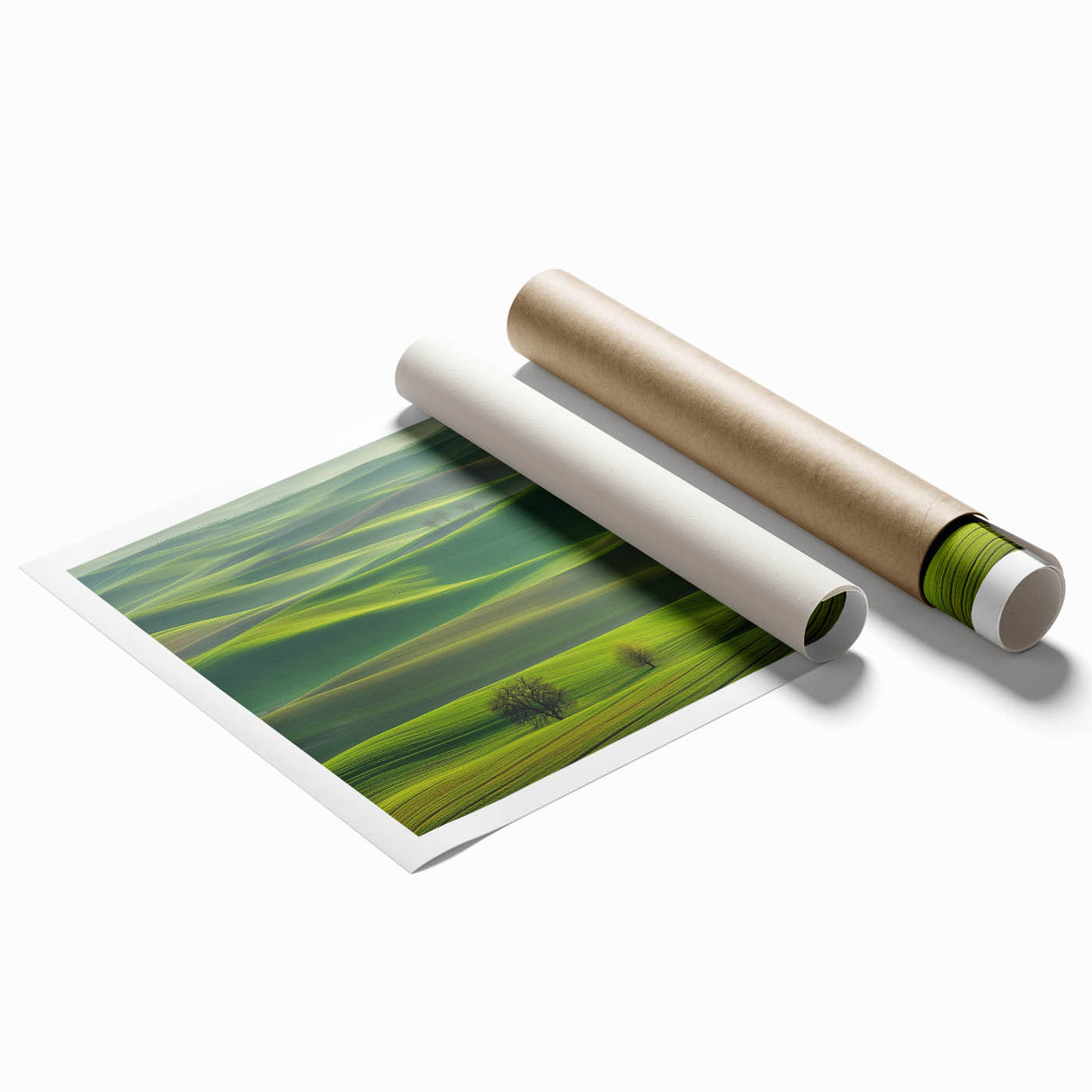Rolled print showcasing a serene countryside landscape with rolling hills and lush greenery, elegantly packaged in a protective cardboard tube for shipping.