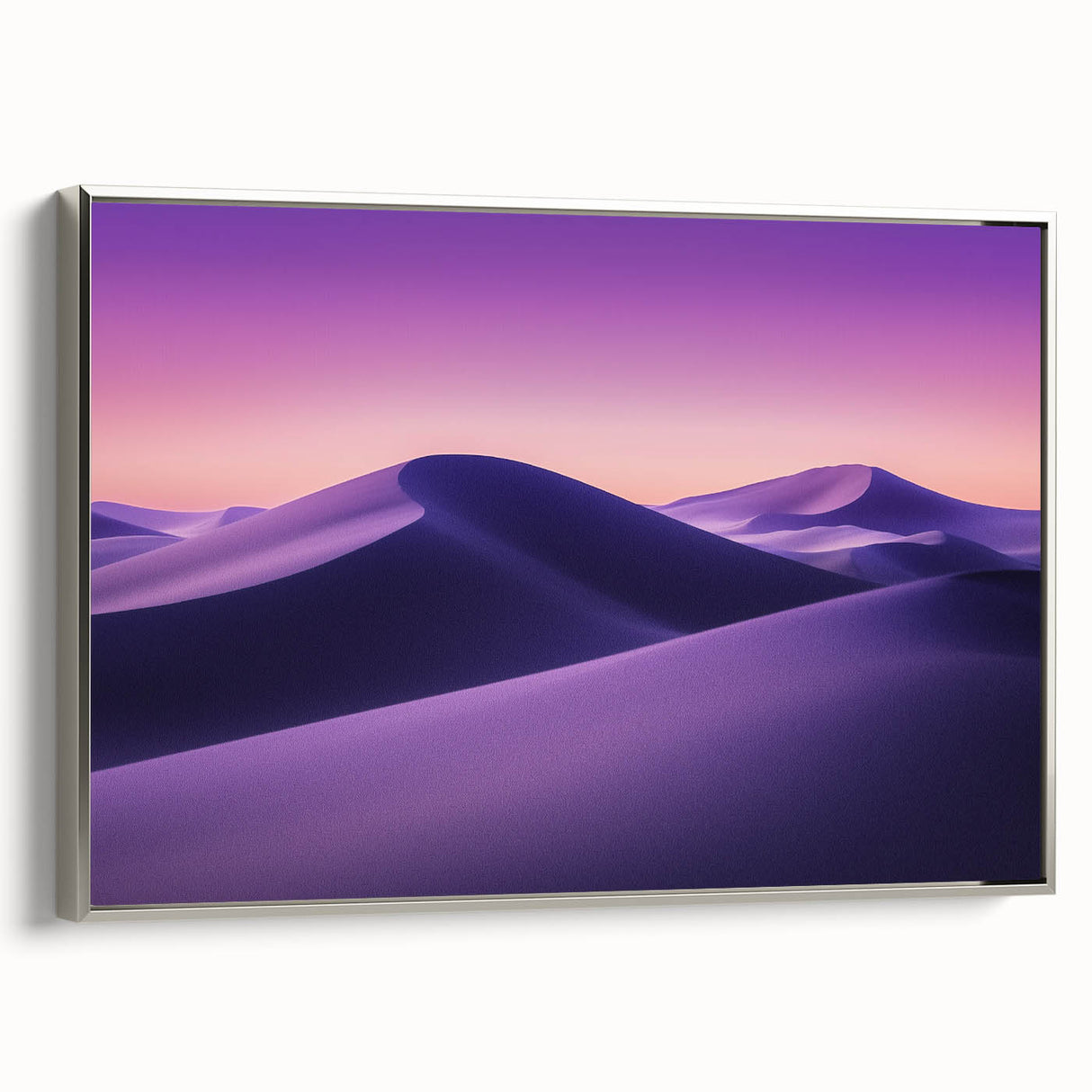 Framed canvas art depicting a serene desert landscape, showcasing warm sandy tones with silver accents, ideal for modern home decor and enhancing tranquil spaces.