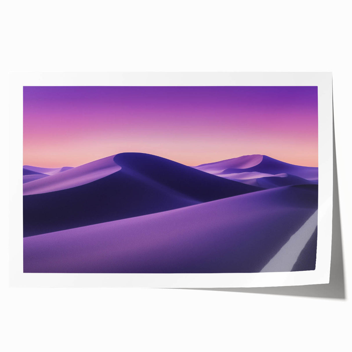 Desert landscape rolled print showcasing vibrant orange and yellow hues, capturing a serene sunset over sand dunes, elegantly packaged in a protective cardboard tube.