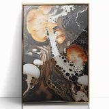 Large art print of a mid-century modernist abstract design in gold and black tones on acrylic.