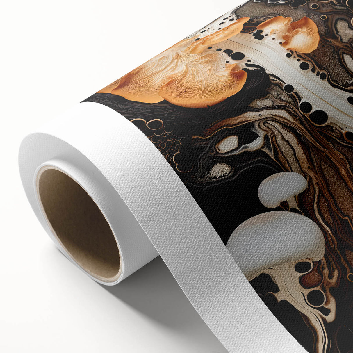 Art deco poster featuring close-up natural elements in muted green and brown tones on rolled canvas.