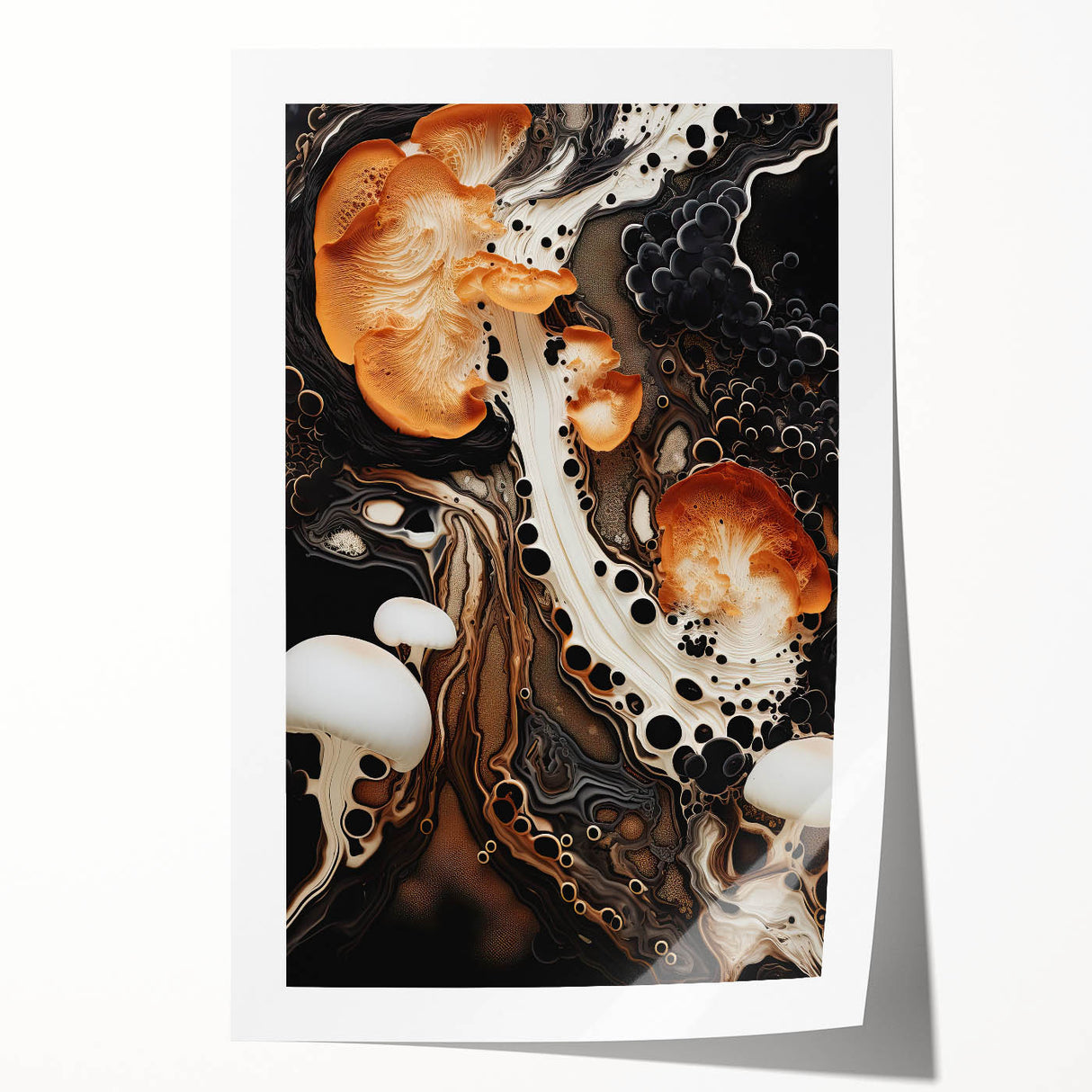 Close-up floral art in muted earth tones on rolled canvas, suitable for dining room or bathroom decor.