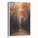 Vintage poster art featuring an autumnal scene with colorful leaves on a black background, framed canvas.
