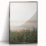 Mid-century modernist art depicting abstract summer motifs in warm gold tones, framed acrylic, ideal for nursery wall decor.