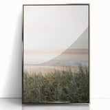 Mid-century modernist art featuring abstract summer design in vibrant colors on a silver-framed acrylic print.