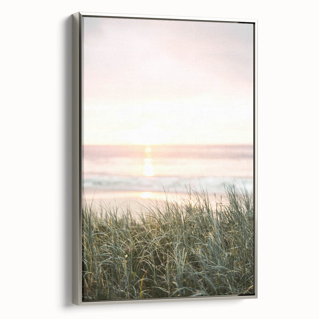 Landscape art painting of a summer scene on framed canvas, featuring vibrant green and blue tones.