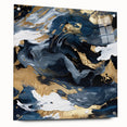 Abstract wall art featuring vibrant strokes in blue, yellow, and pink, displayed in a sleek acrylic glass frame with visible mounting pins, ideal for modern decor.