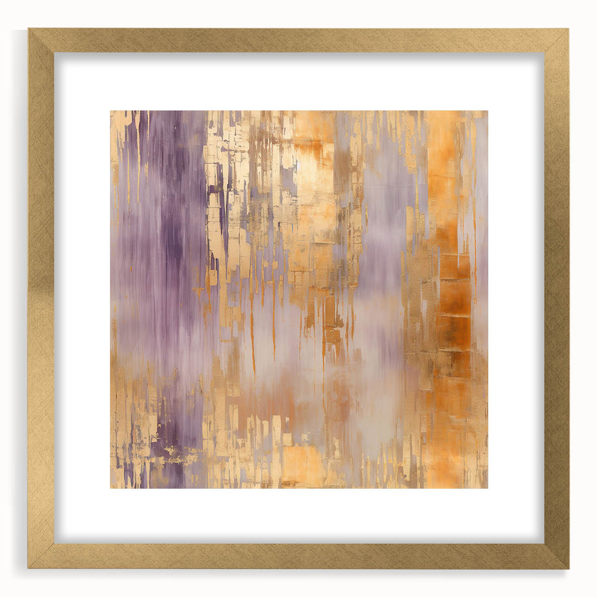 Abstract strokes wall art framed in gold with matting, showcasing vibrant colors and dynamic patterns, perfect for modern home decor.