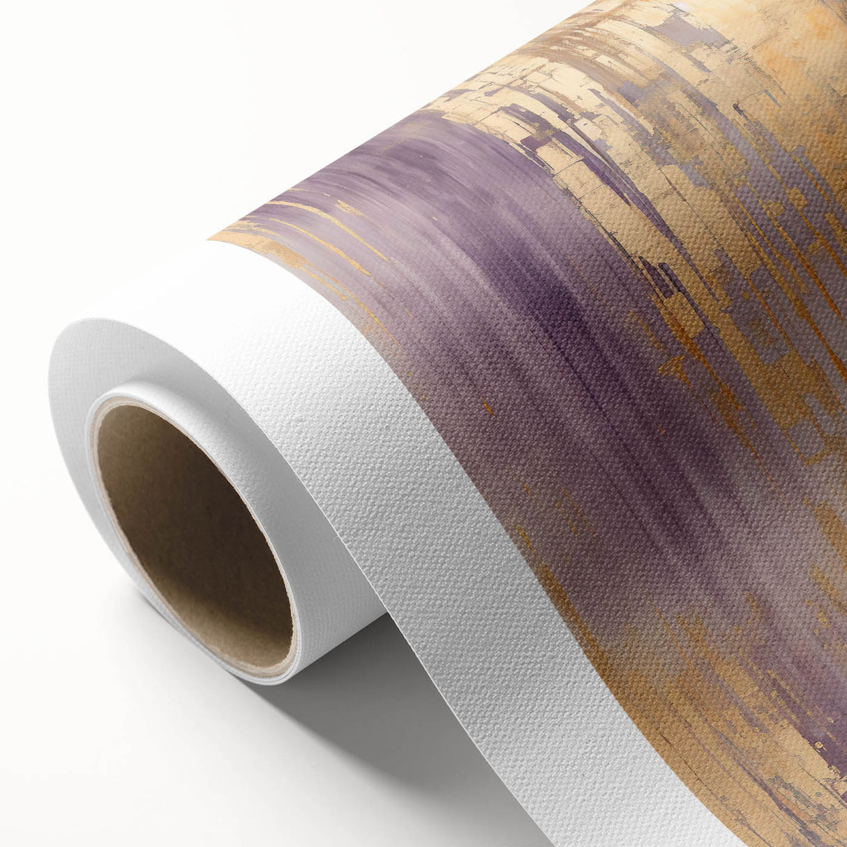 Rolled canvas displaying vibrant abstract strokes in shades of blue, orange, and gold, perfect for modern home decor. Ideal for elevating living spaces.