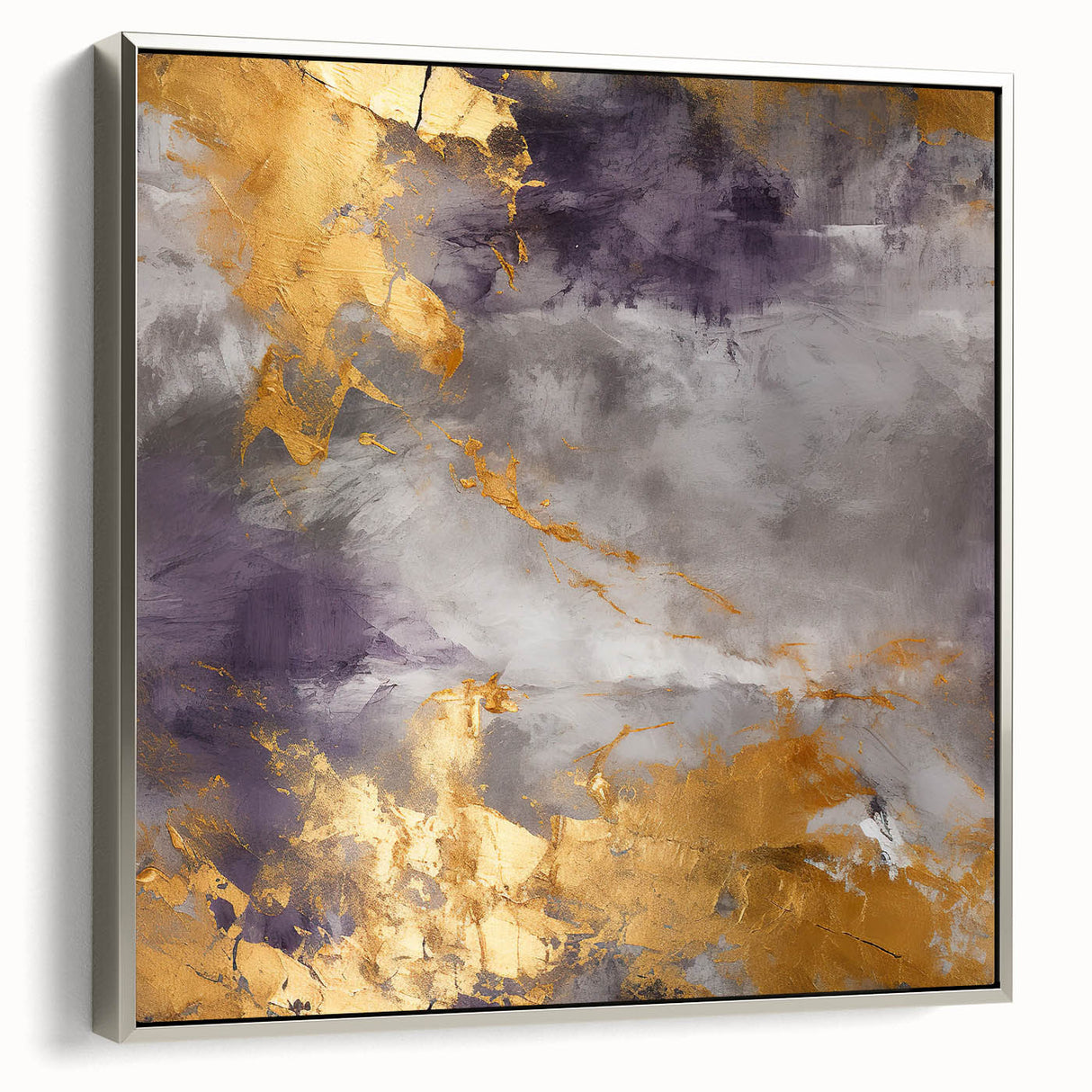 Framed canvas wall art featuring an abstract design with silver strokes and textures, showcasing a modern aesthetic ideal for contemporary home decor.