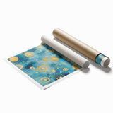 Abstract wall art print showcasing vibrant strokes in shades of blue, orange, and yellow, rolled and ready for framing, ideal for modern home decor.