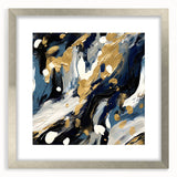 Abstract wall art featuring bold strokes in vibrant colors, framed with a silver mat, showcasing a modern aesthetic perfect for contemporary home decor.