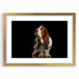 Basset Hound wall art print in a stylish gold frame with matting, showcasing a charming design of the breed, perfect for dog lovers and home decor enthusiasts.