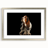 Basset Hound wall art design framed in silver, featuring a playful and colorful illustration of a Basset Hound, ideal for dog lovers' home decor.