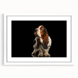 Basset Hound wall art design in a white frame with mat, showcasing a playful illustration of the dog breed, ideal for pet lovers and home decor enthusiasts.