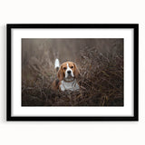 Basset Hound wall art collection framed in black, showcasing a detailed illustration of a playful basset hound against a white background, perfect for dog lovers.