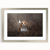 Basset hound wall art in a silver frame with matting, showcasing a playful design. Ideal for dog lovers, this stylish decor adds charm to any room.