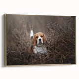 Basset Hound wall art collection featuring a framed canvas design with a gold frame, showcasing a side view of the playful dog against a minimalist background. This artwork adds a touch of elegance and charm to any pet lover's decor.