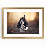 Basset Hound wall art collection featuring a framed design with a gold mat, showcasing a charming illustration of a Basset Hound in a playful pose, perfect for dog lovers' home decor.