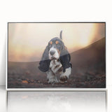 Framed acrylic wall art showcasing a stylish Basset Hound design in a white frame, ideal for pet lovers and home decor enthusiasts, emphasizing playful canine charm.