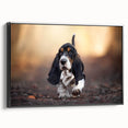 Framed canvas wall art featuring a side view of a Basset Hound design, showcasing intricate details and vibrant colors, perfect for dog lovers and home decor.