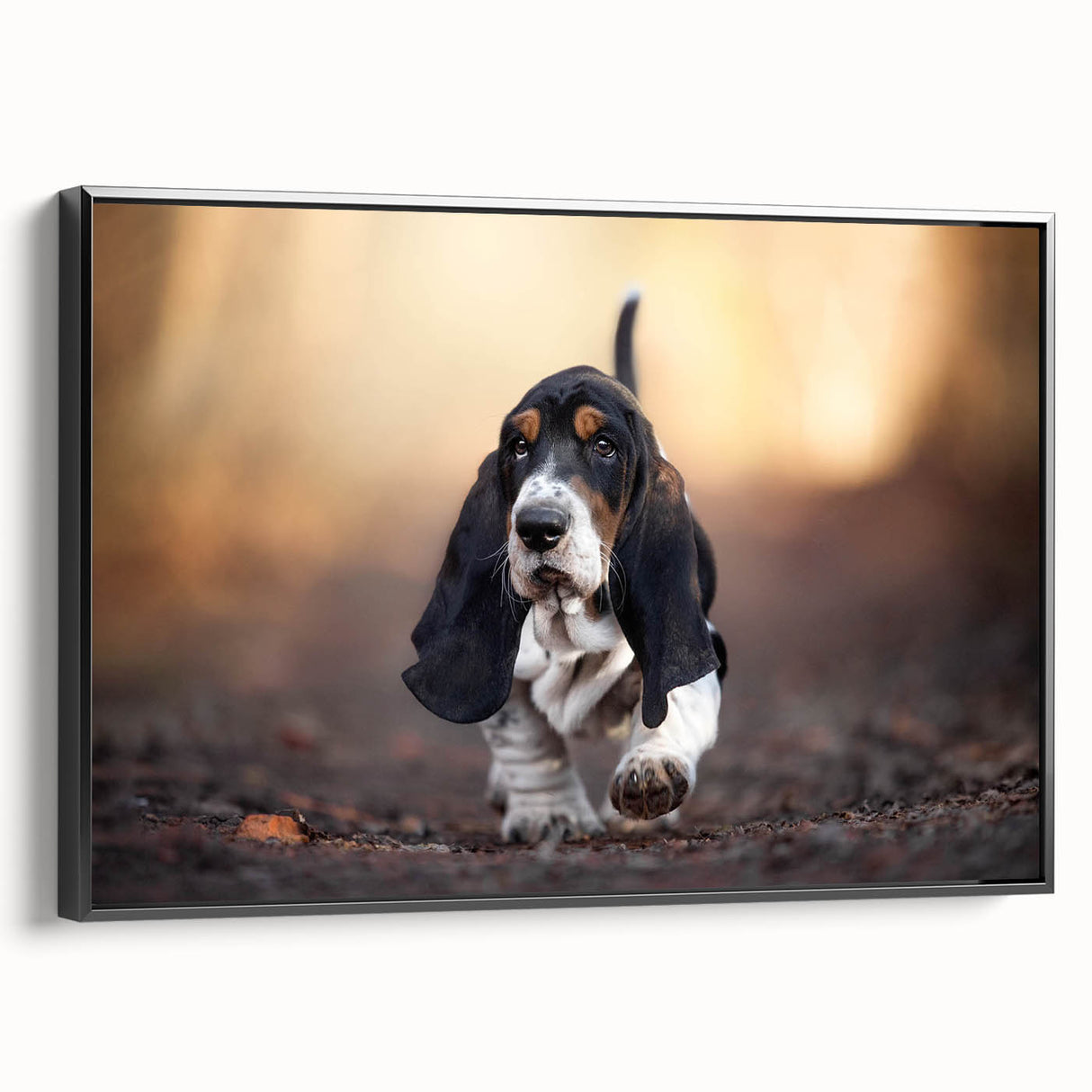 Framed canvas wall art featuring a side view of a Basset Hound design, showcasing intricate details and vibrant colors, perfect for dog lovers and home decor.