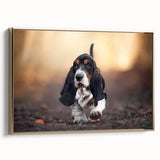 Framed canvas wall art featuring a side view of a Basset Hound design, showcasing rich colors and intricate details, perfect for dog lovers' home decor.