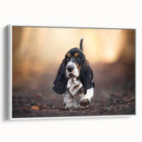 Framed wall art featuring a Basset Hound design on canvas, showcasing its playful expression and distinctive droopy ears, perfect for dog lovers' home decor.