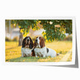 Basset Hound wall art print showcasing a whimsical and colorful design, perfect for dog lovers, featuring vibrant hues and playful patterns on a rolled canvas. Ideal for home decor.