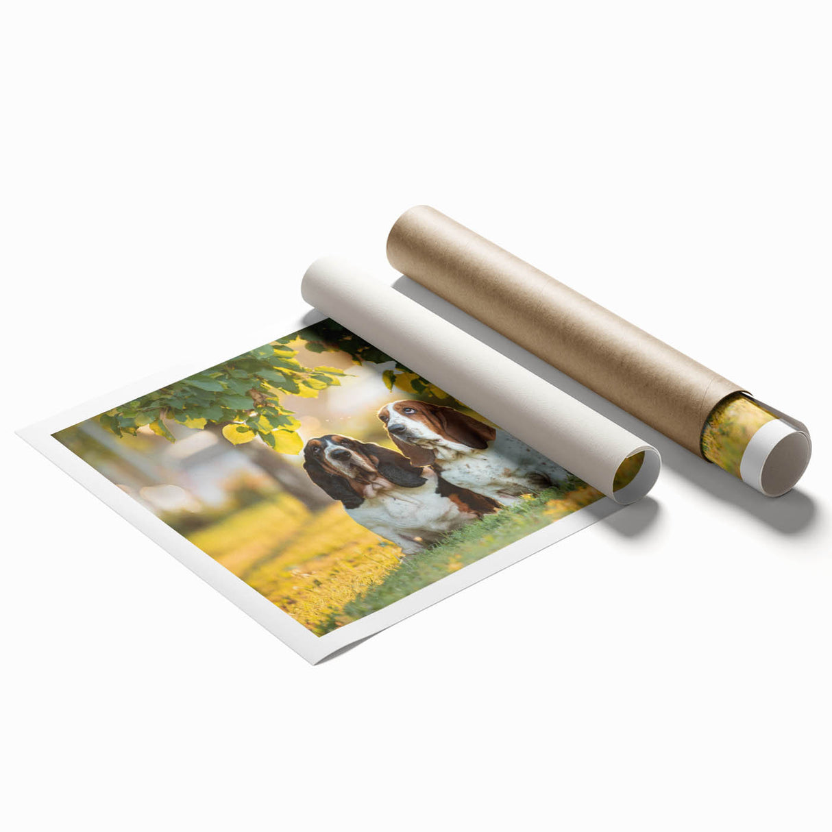 Basset Hound art print showcasing a whimsical illustration of a playful basset hound with vibrant colors, ideal for dog lovers and home decor enthusiasts.