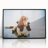 Framed wall art featuring a Basset Hound design, showcasing a black acrylic frame and vibrant colors, perfect for dog lovers and home decor enthusiasts.